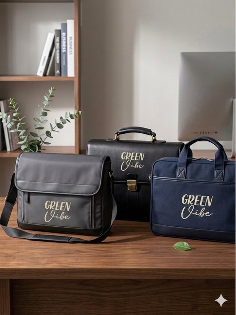 GreenVibe corporate bags - leather briefcase, messenger bag, and laptop bag in an office
