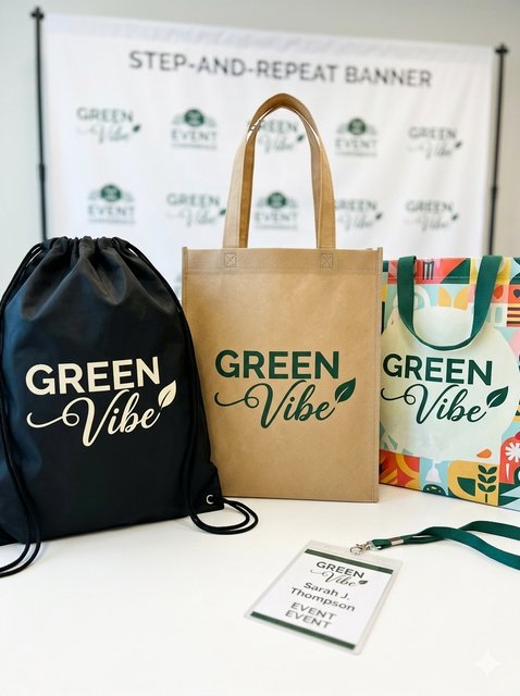 GreenVibe event bags - drawstring backpack, conference tote, and lanyard against a step-and-repeat banner
