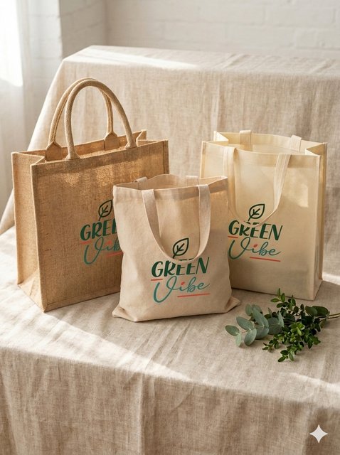 GreenVibe everyday tote bags - jute and natural cotton totes branded with the leaf logo