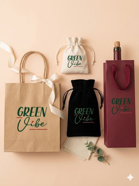 GreenVibe retail packaging - kraft shopping bag, drawstring pouches, and wine bag