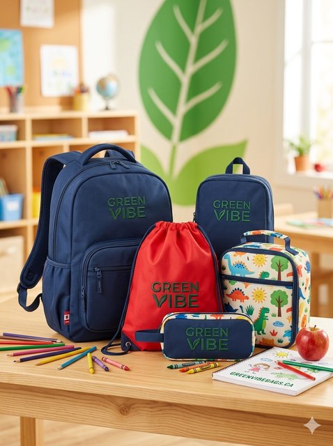 GreenVibe school bags - kids backpacks, drawstring bag, dinosaur lunch box, and pencil case in a classroom