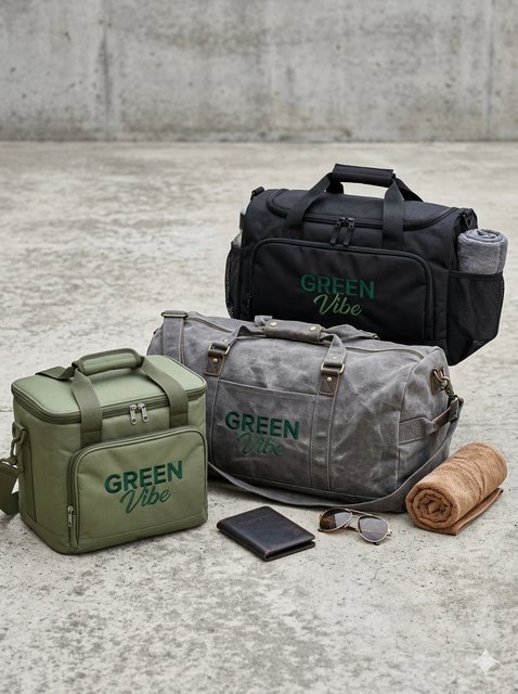 GreenVibe travel bags - cooler, waxed canvas duffel, and gym duffel